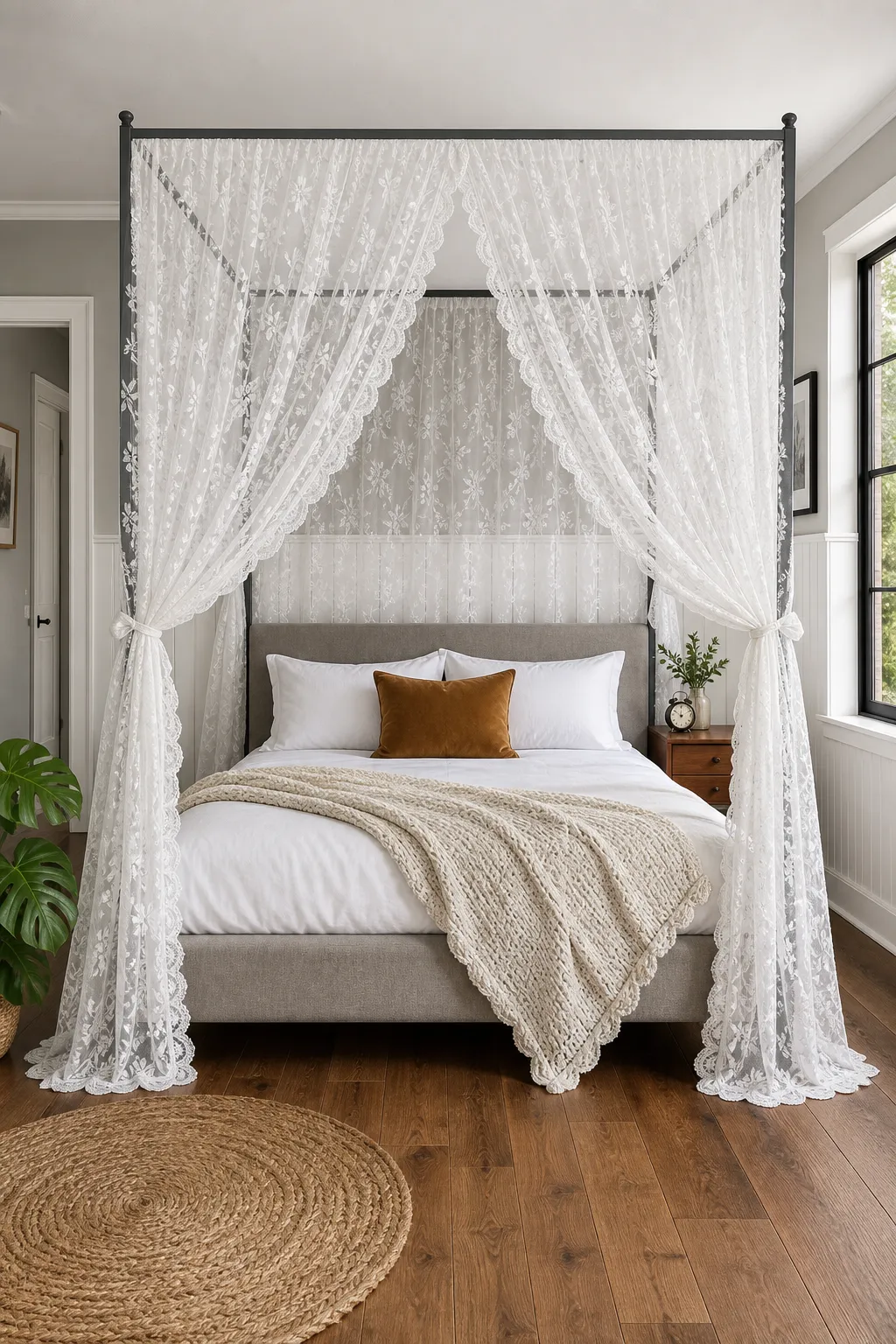 White canopy bed with lace drapes layered over cozy beige and cream bedding