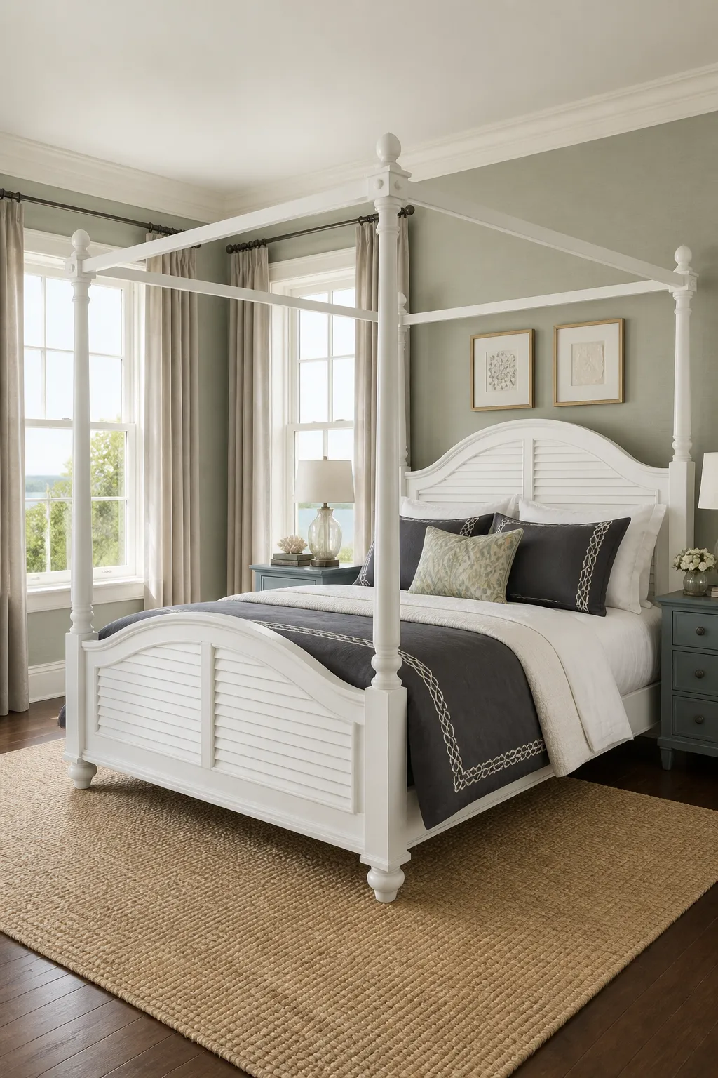 White canopy bed contrasted with charcoal bedding in a coastal-style bedroom