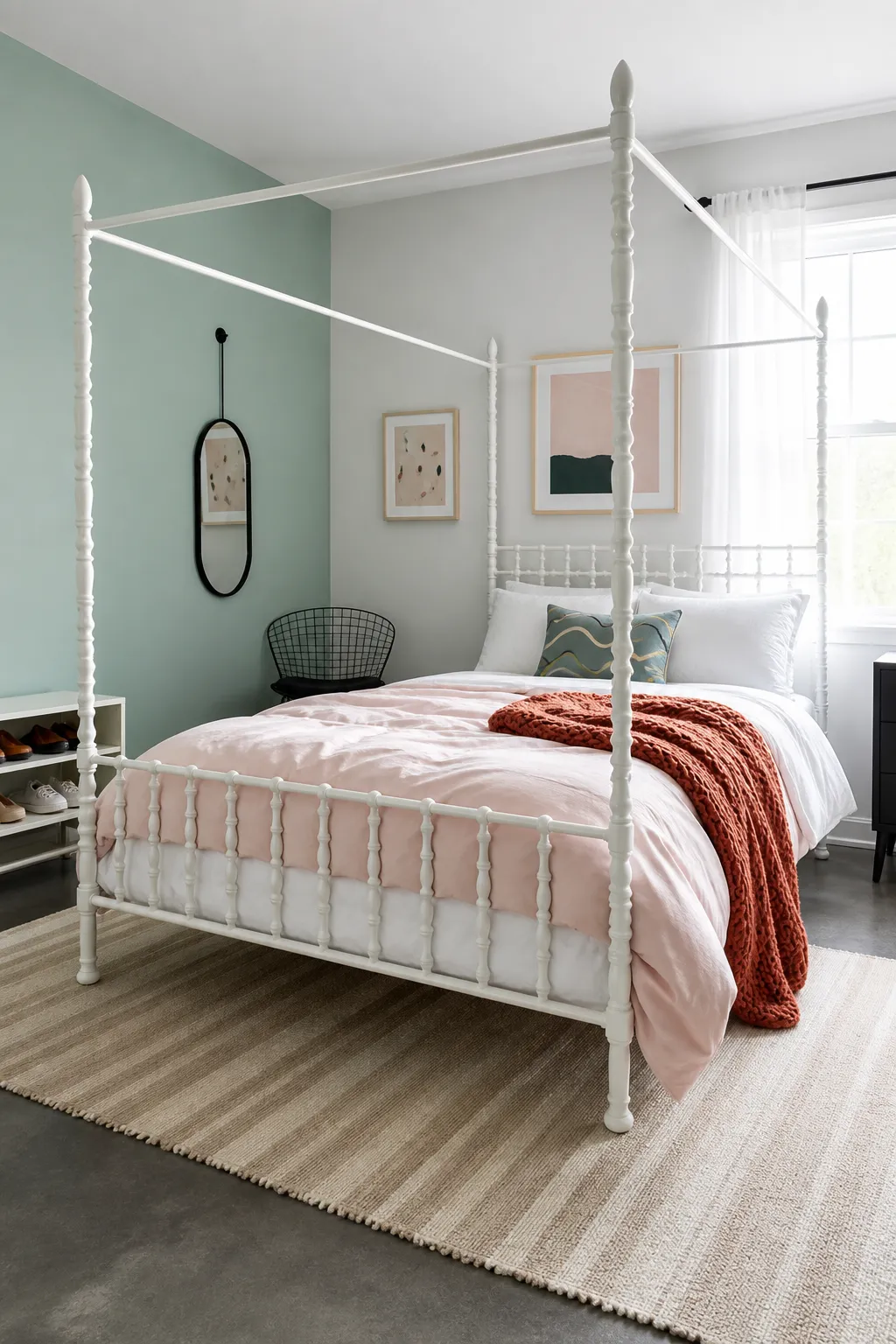 White canopy bedroom refreshed with mint-green pillows and decorative accents