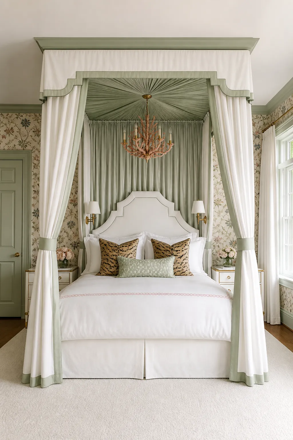 White canopy bed softened by elegant sage-green drapes and neutral linens