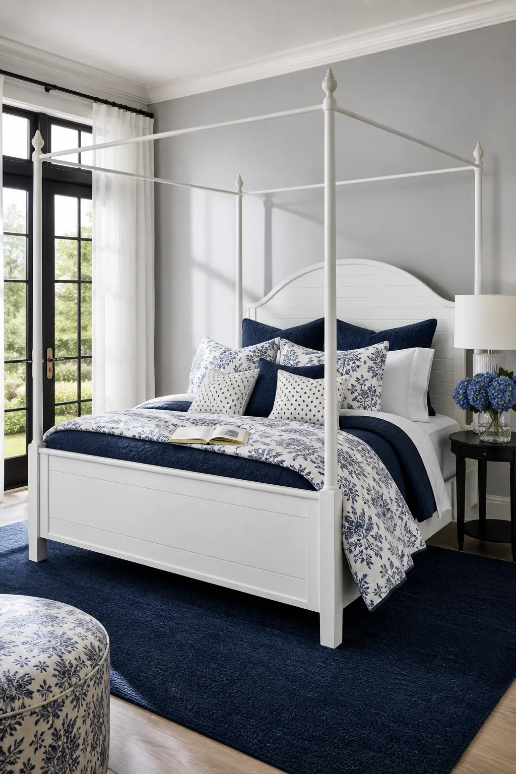White canopy bed styled with navy bedding and classic blue-and-white decor