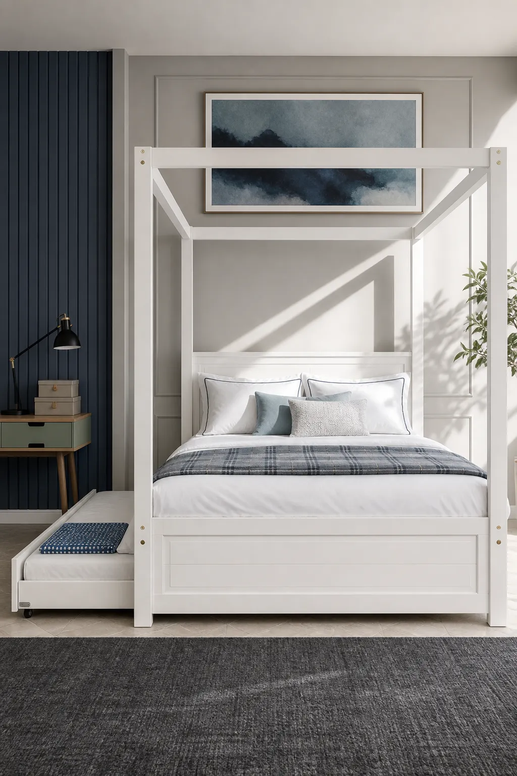 Space-saving white canopy bed with a pullout trundle beneath the mattress