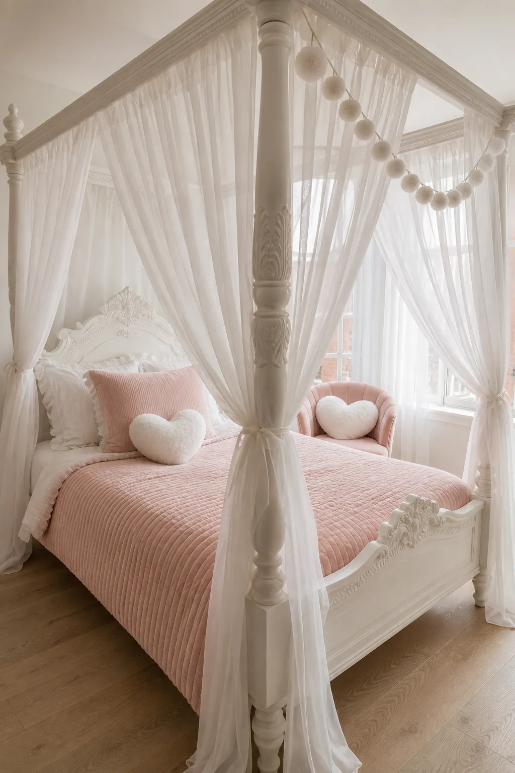 Dreamy white canopy bed decorated with blush-pink bedding and soft accessories
