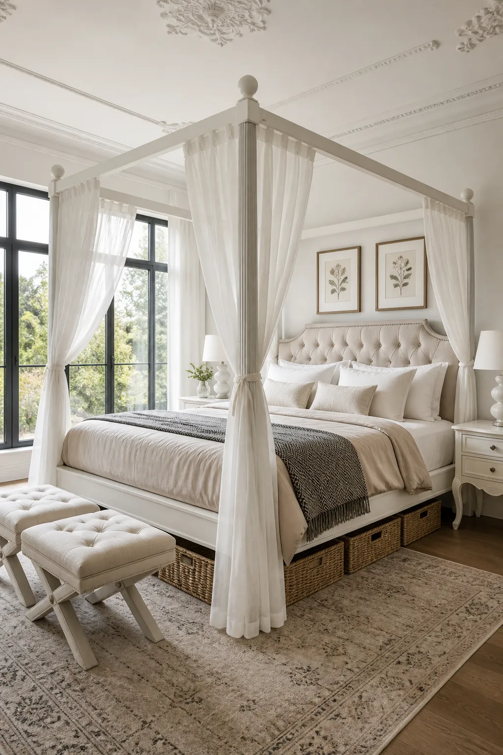 Modern white canopy bed in a bright bedroom with clean, uncluttered styling