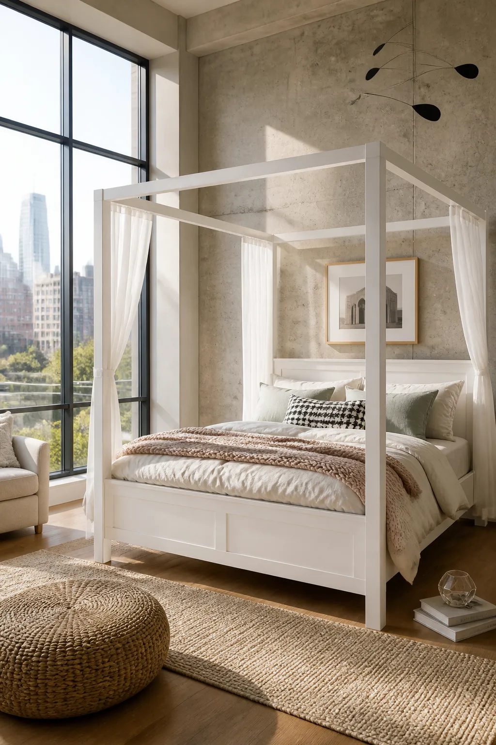 Minimal white canopy bed styled inside an open city loft with industrial details