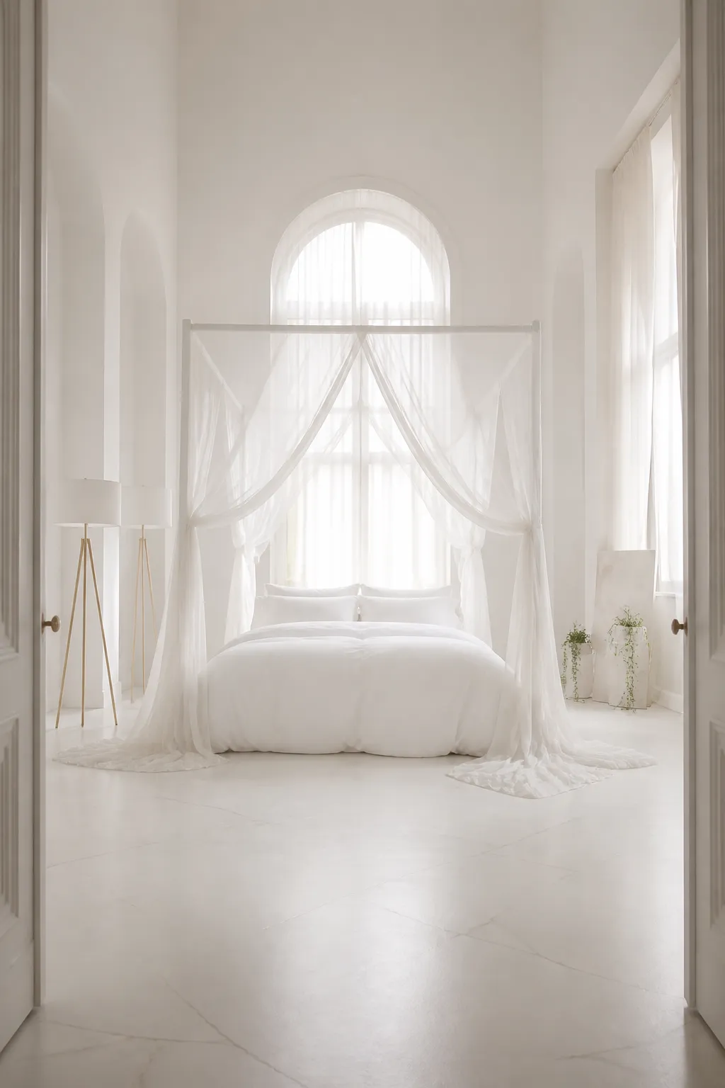 Ethereal bedroom with a barely visible white canopy floating around the bed