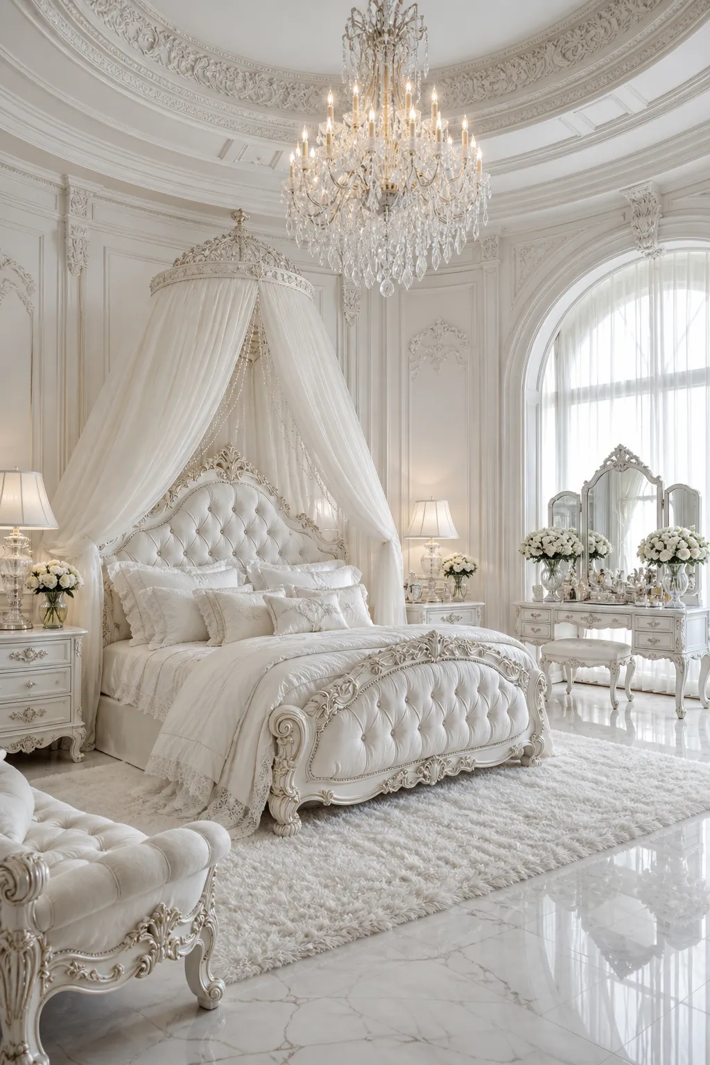 Luxurious bridal-suite bedroom centered on an elegant white canopy bed
