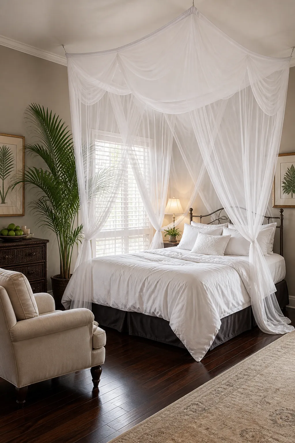 Airy white canopy bedroom styled with tropical greenery and natural woven accents