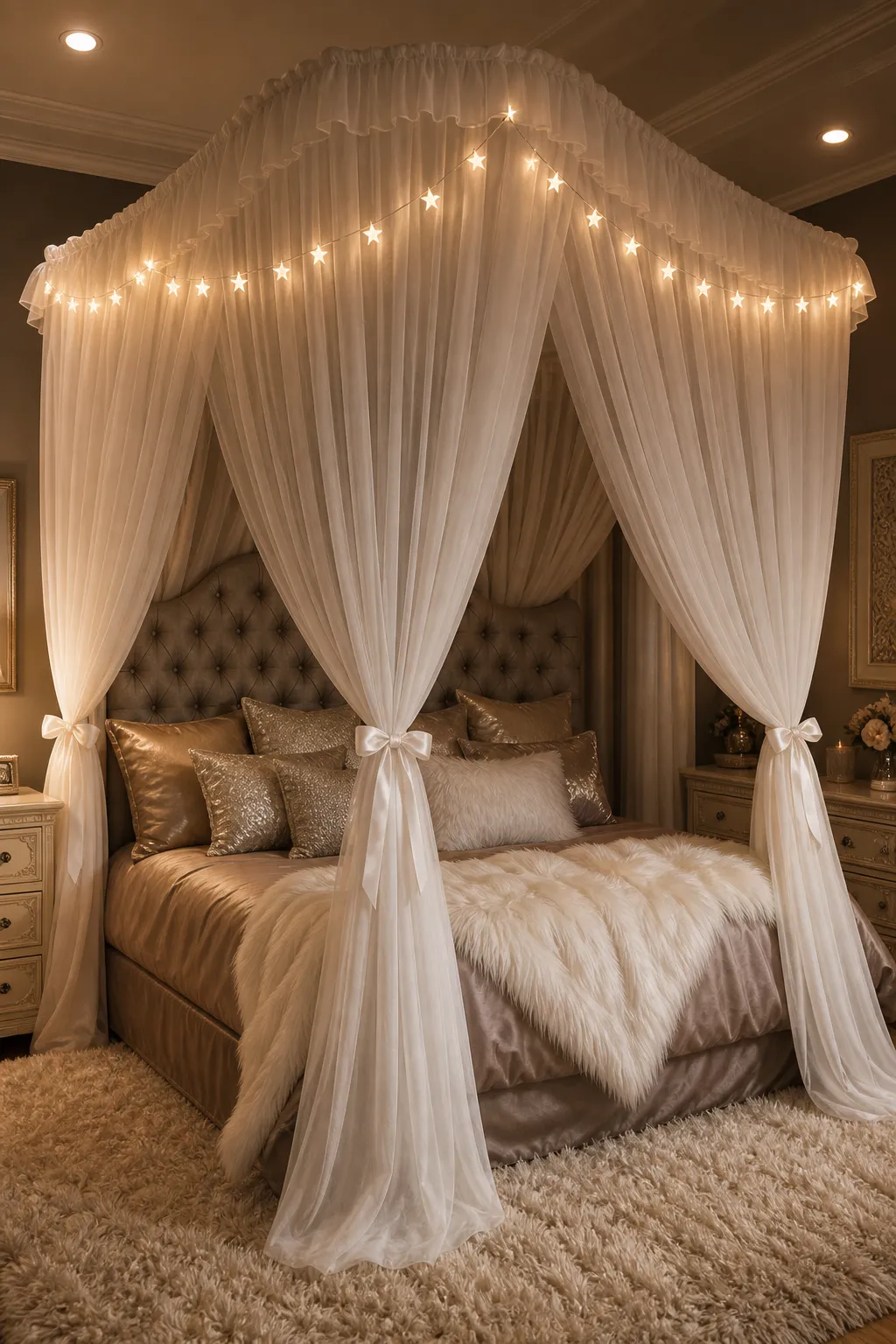 Romantic white canopy bed wrapped in warm glowing fairy lights