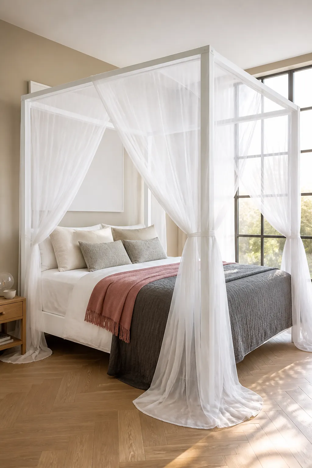 Modern canopy bed frame softened with light white sheer curtains
