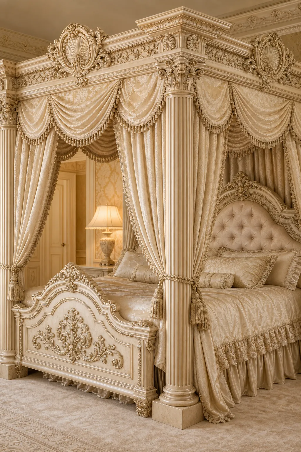 Ornate white canopy bed with carved details in an elegant traditional bedroom