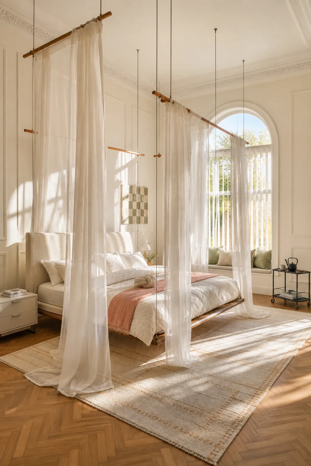 Suspended white canopy drapes filtering sunlight above a bright bed