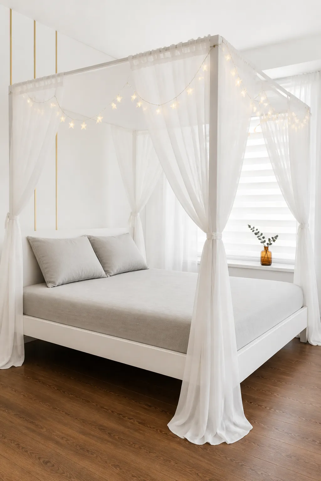 White bed canopy illuminated by delicate star-like string lights