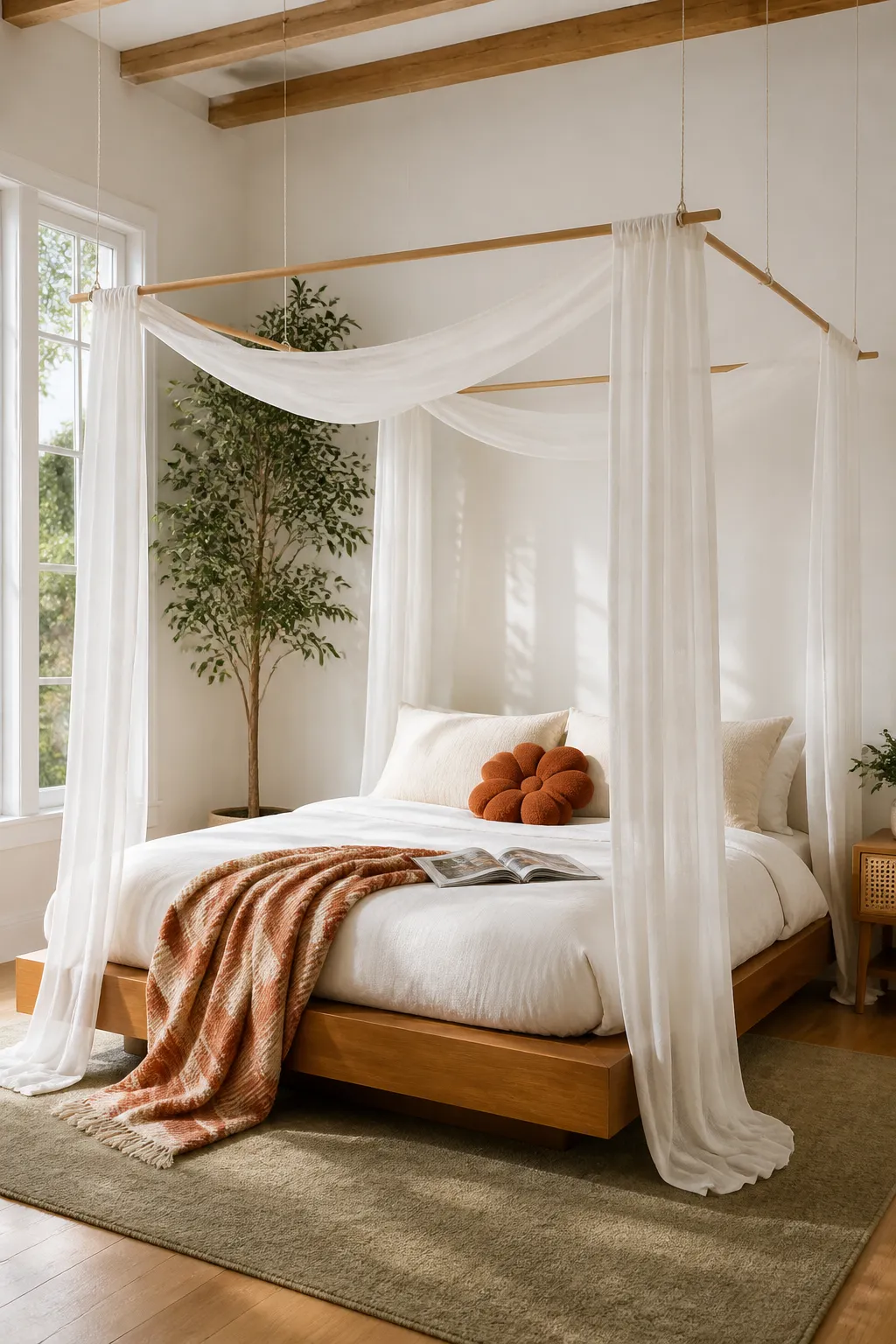 Modern bedroom with a lightweight white canopy suspended above the bed