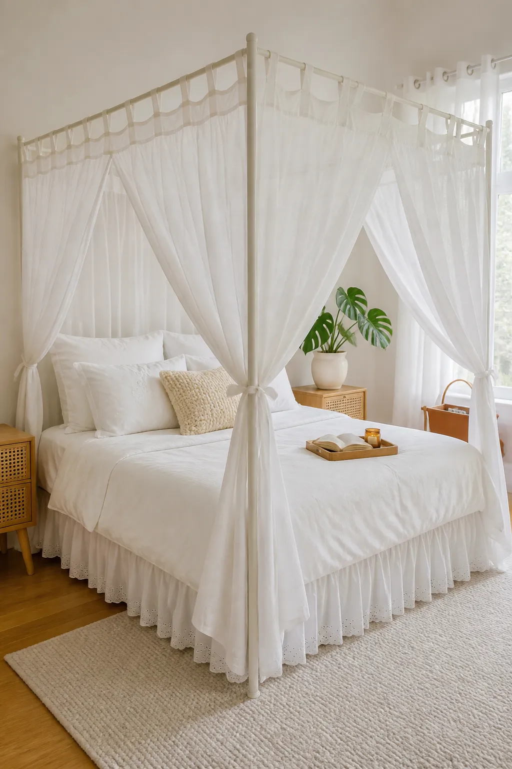 White canopy bed with sheer drapes tied back at each corner