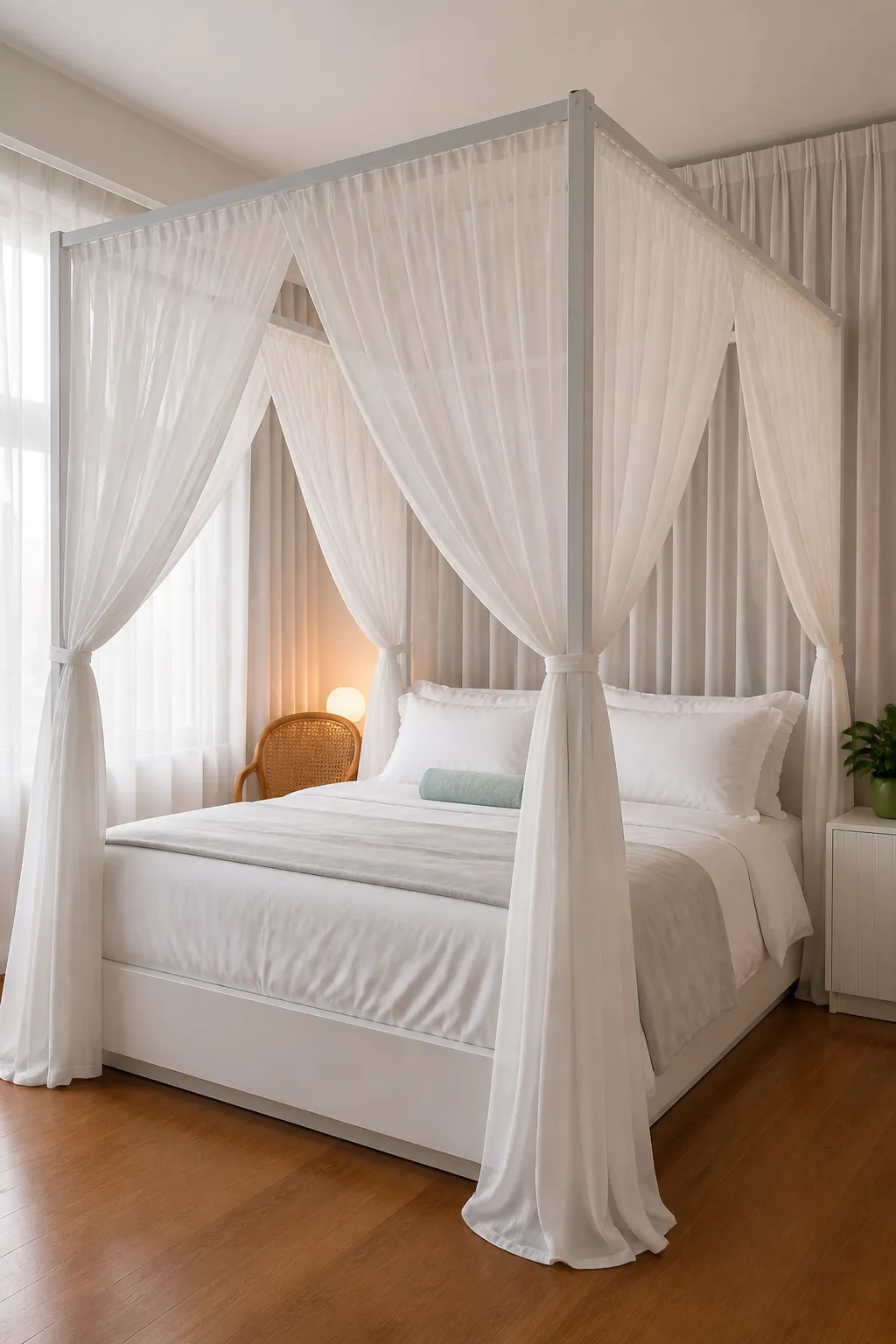 Dreamlike canopy bed surrounded by layered soft white sheer curtains