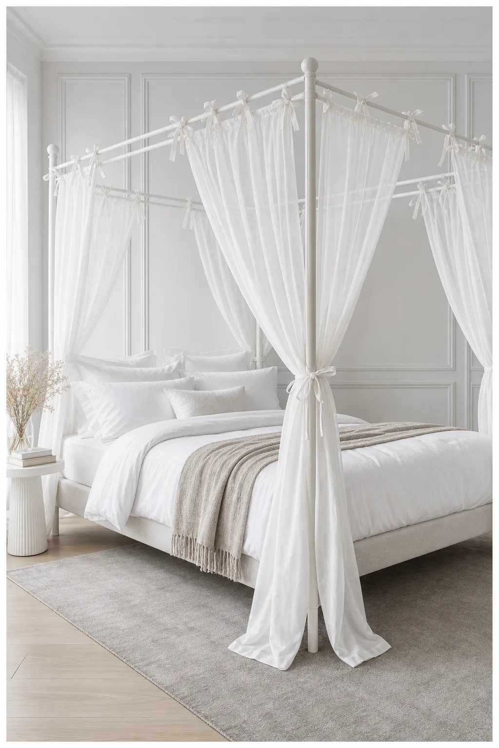 White canopy curtains neatly secured with decorative bow ties