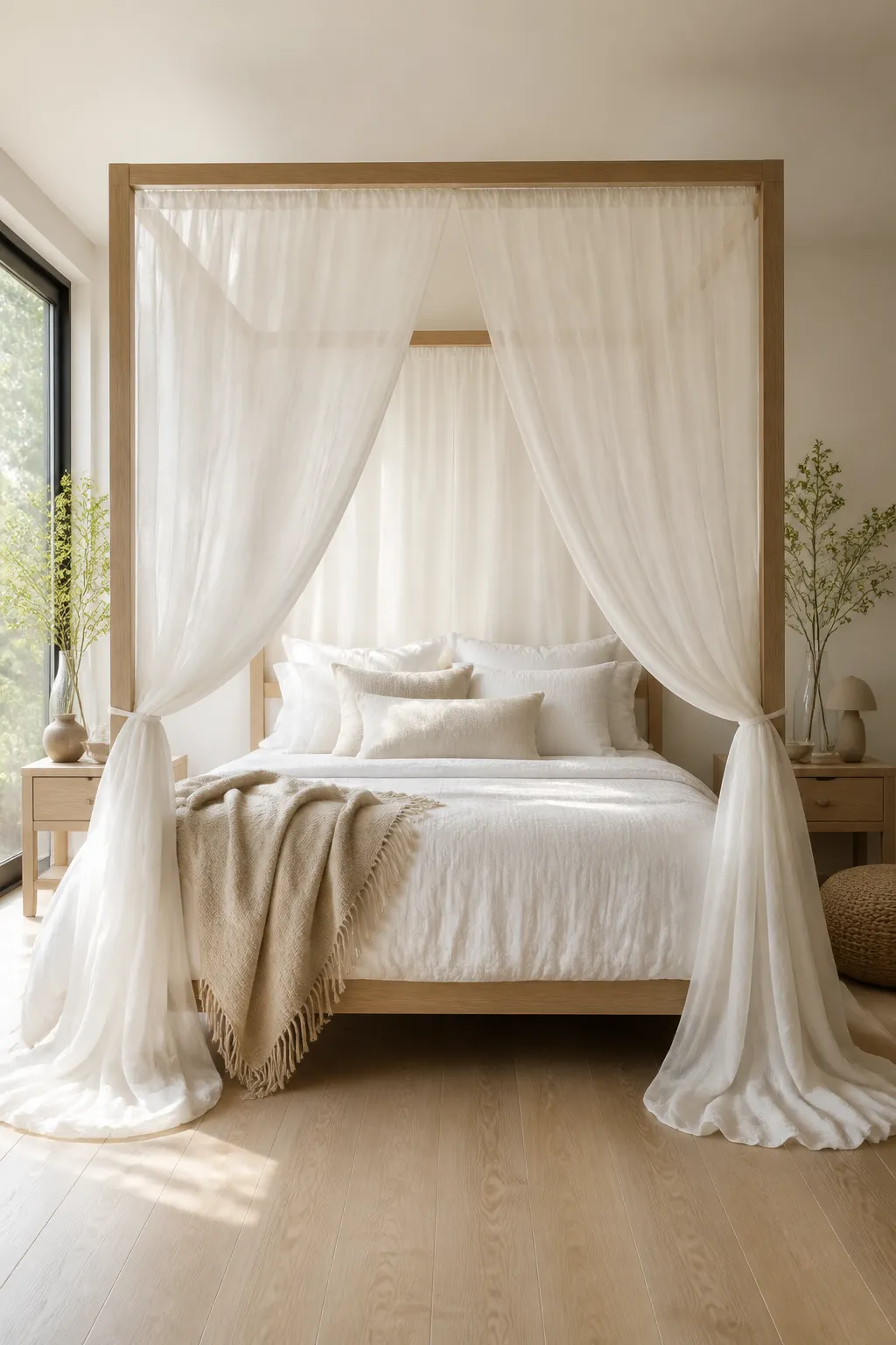 Simple white sheer drapes creating an airy canopy around a bright bed