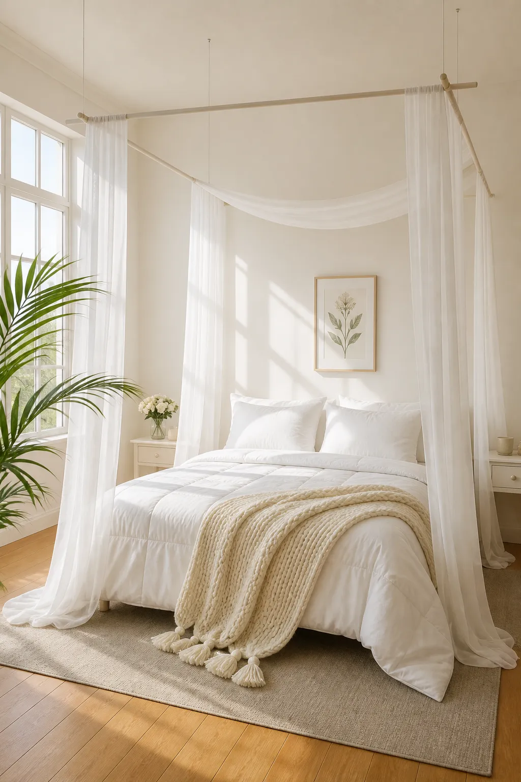 DIY white bed canopy hung from ceiling-mounted curtain rods