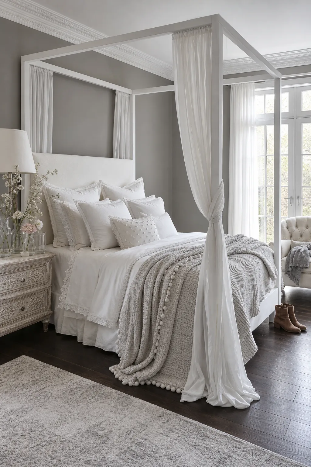White canopy bed contrasting with timeless soft gray bedroom walls