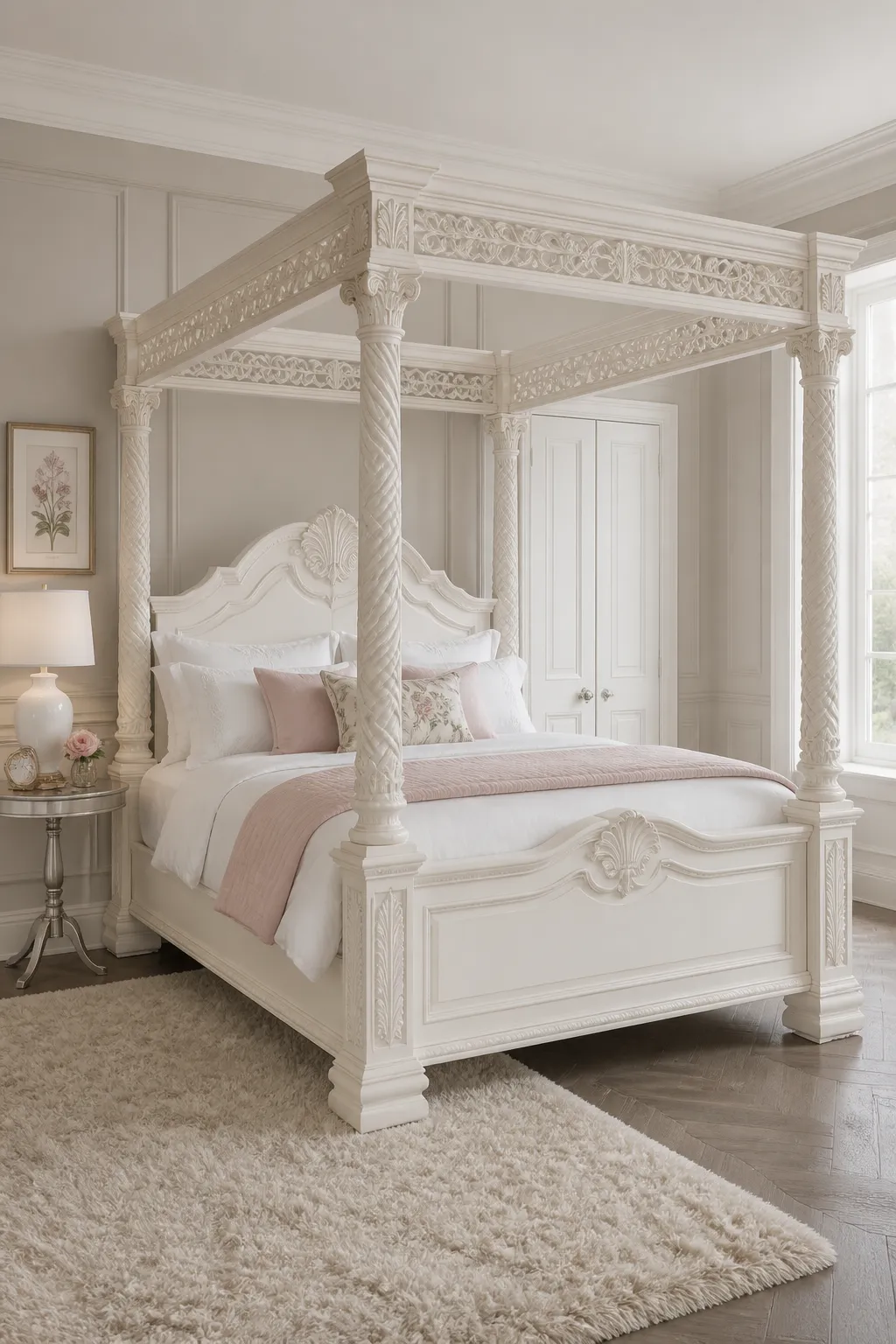 Ornate carved white canopy bed styled with soft blush bedding
