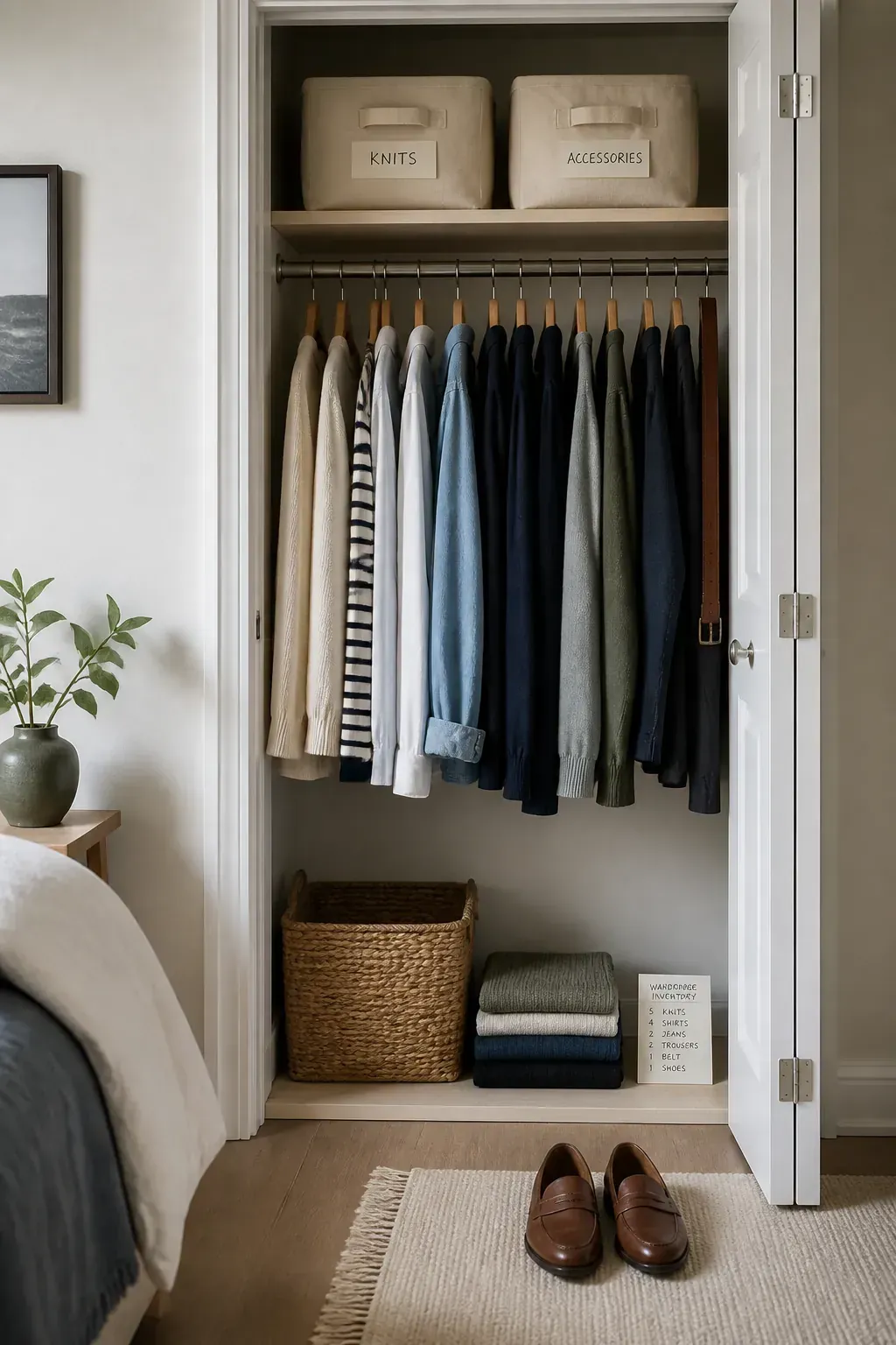 Beautifully organized small closet with a practical capsule wardrobe