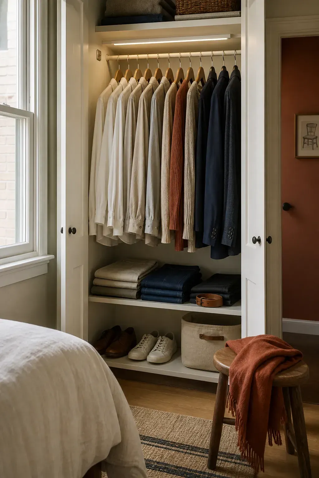 Small closet organized by a cohesive capsule wardrobe color story