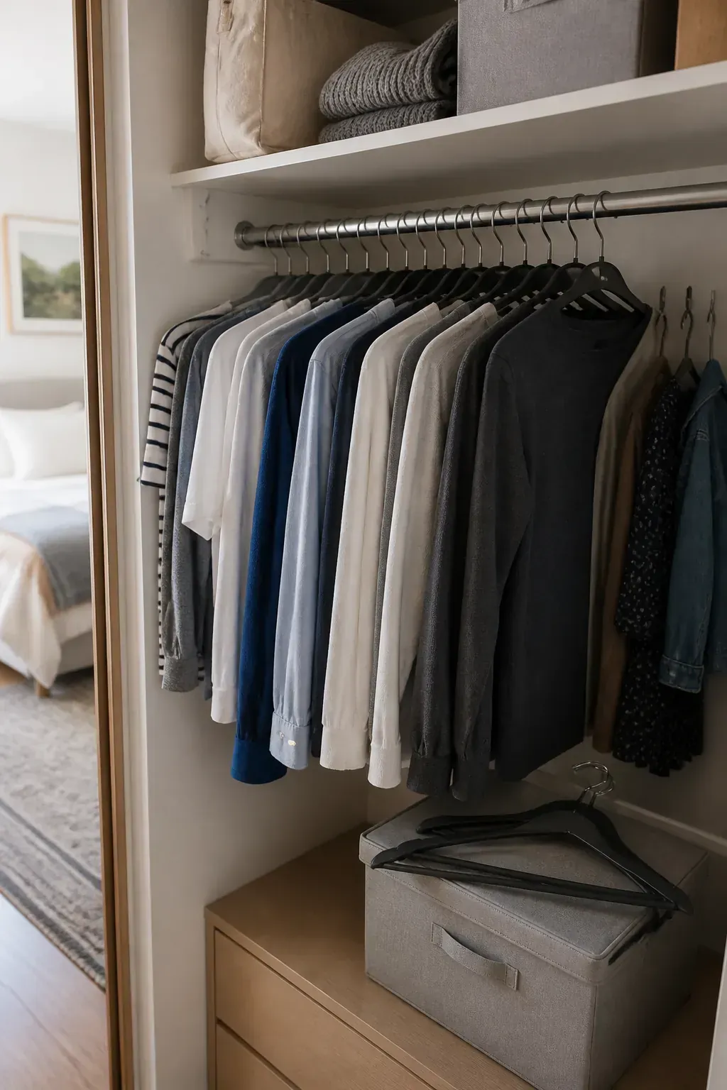 Slim matching hangers creating space in a small closet