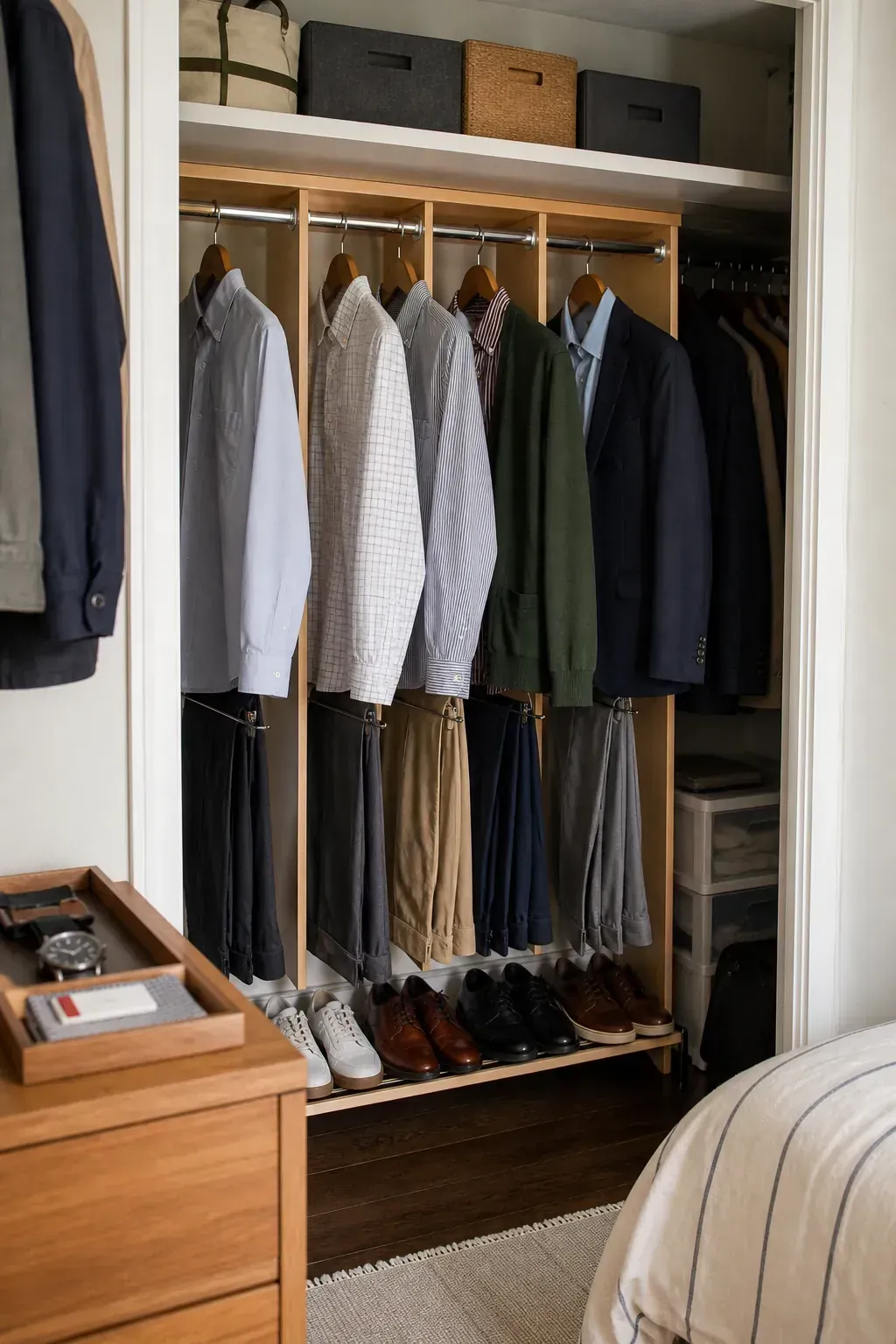 Daily uniform zone arranged inside a compact closet