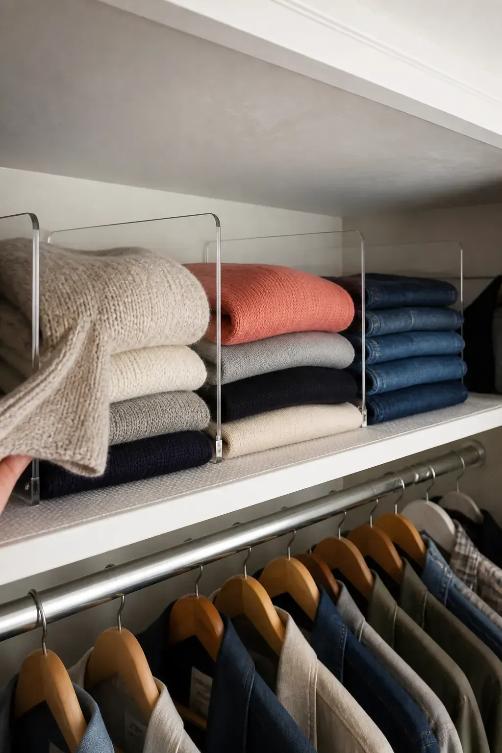 Shelf dividers holding tidy sweater and denim stacks