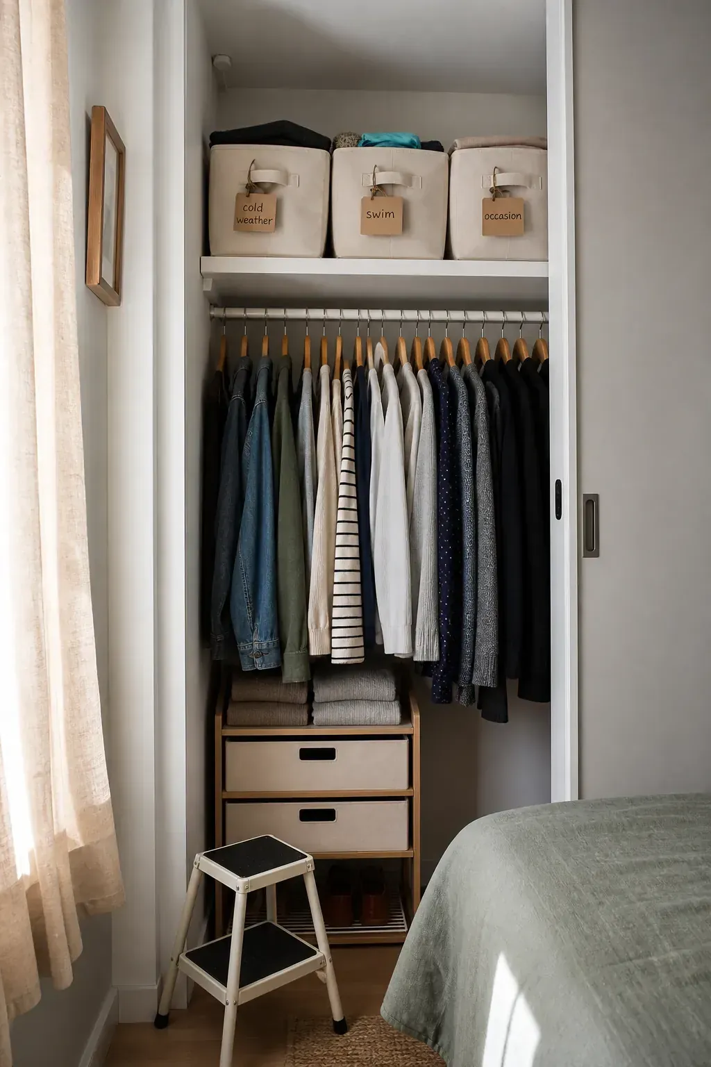Labeled seasonal storage bins on a small closet upper shelf