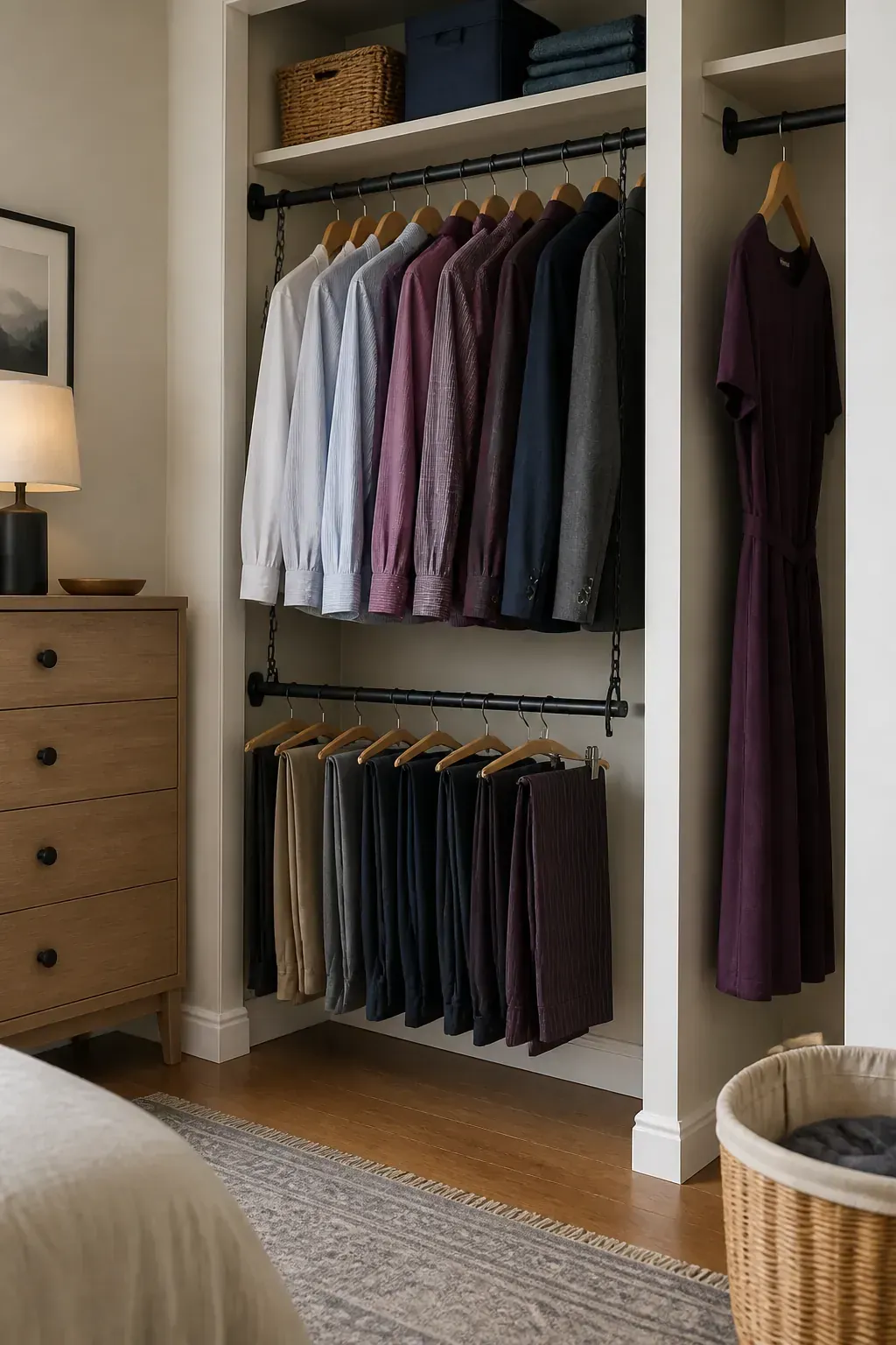 Double rail system for shirts and trousers in a small closet