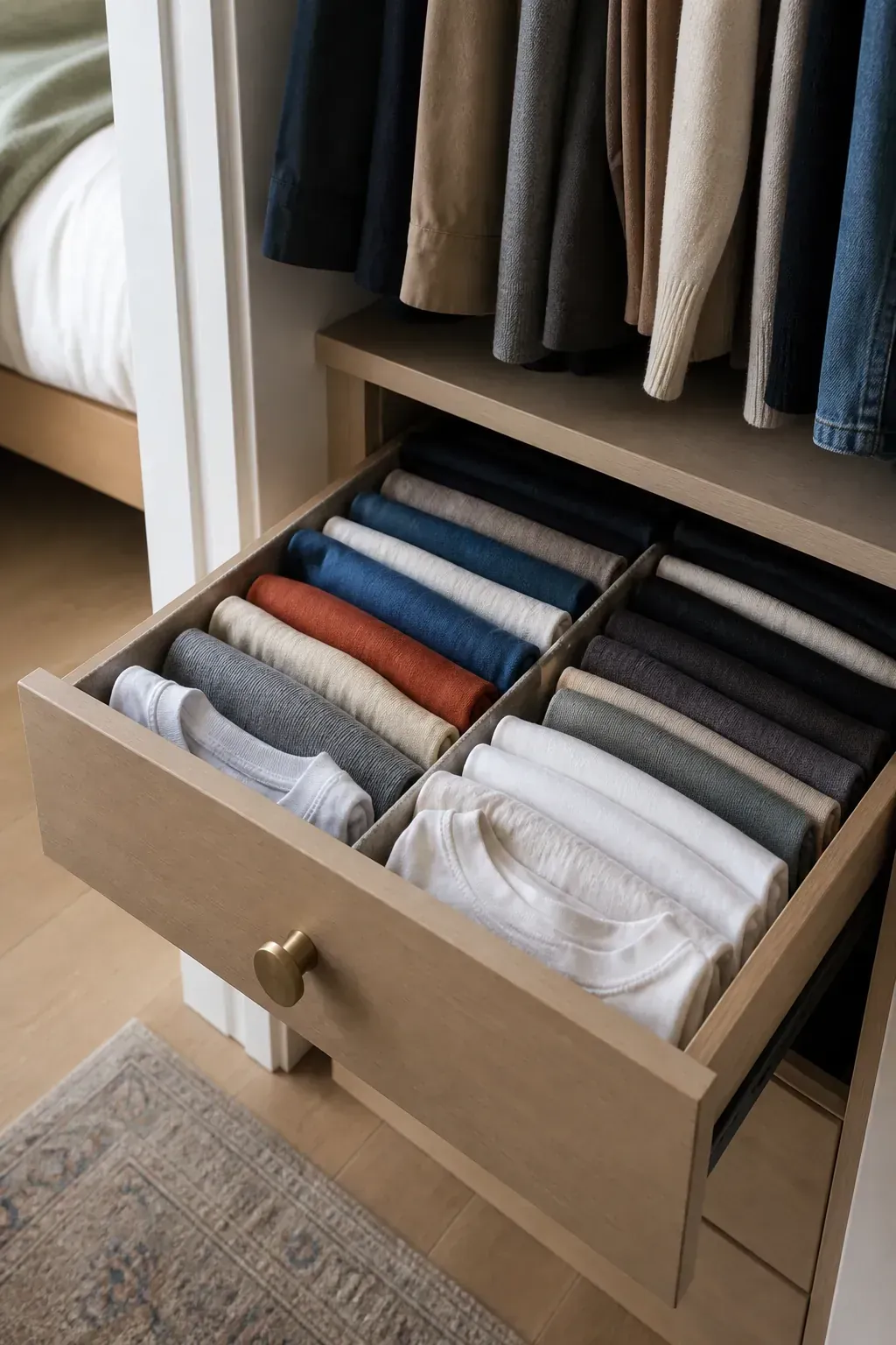 File folded shirts arranged in shallow closet drawers