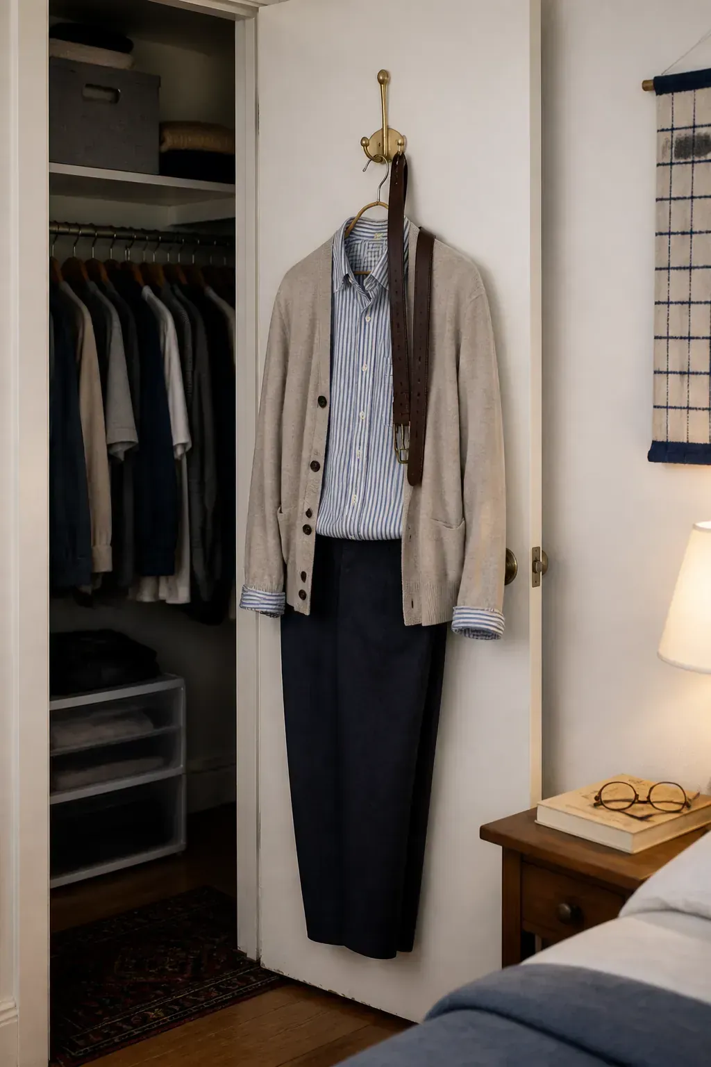 Tomorrow outfit staged on a hook beside a small closet