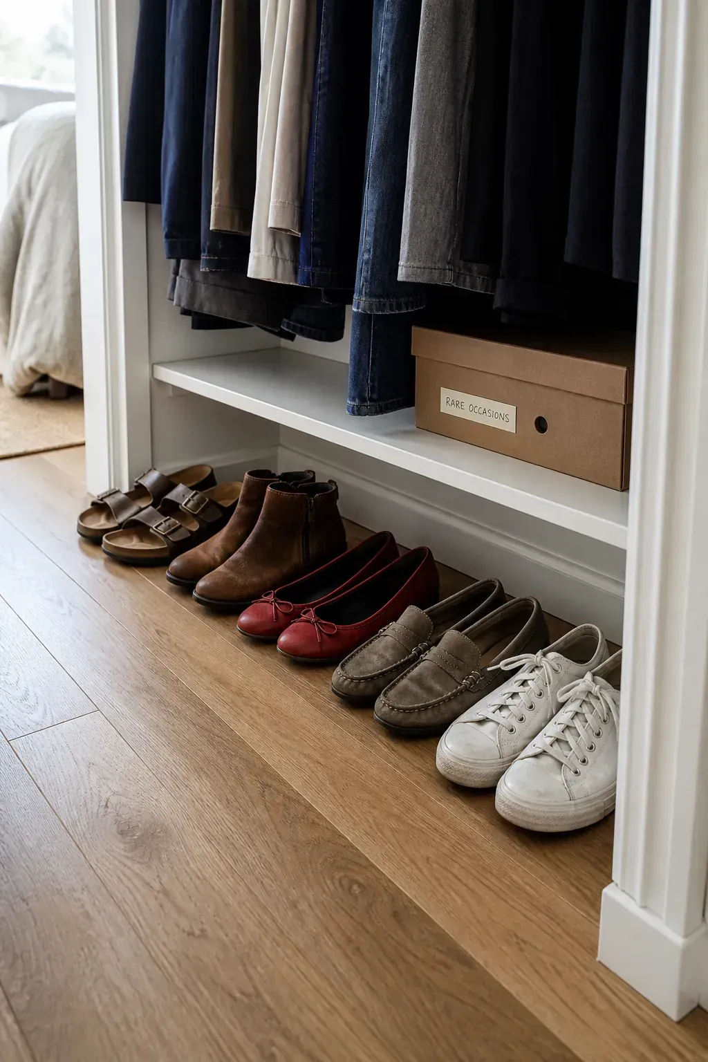 One neat row of capsule wardrobe shoes in a compact closet