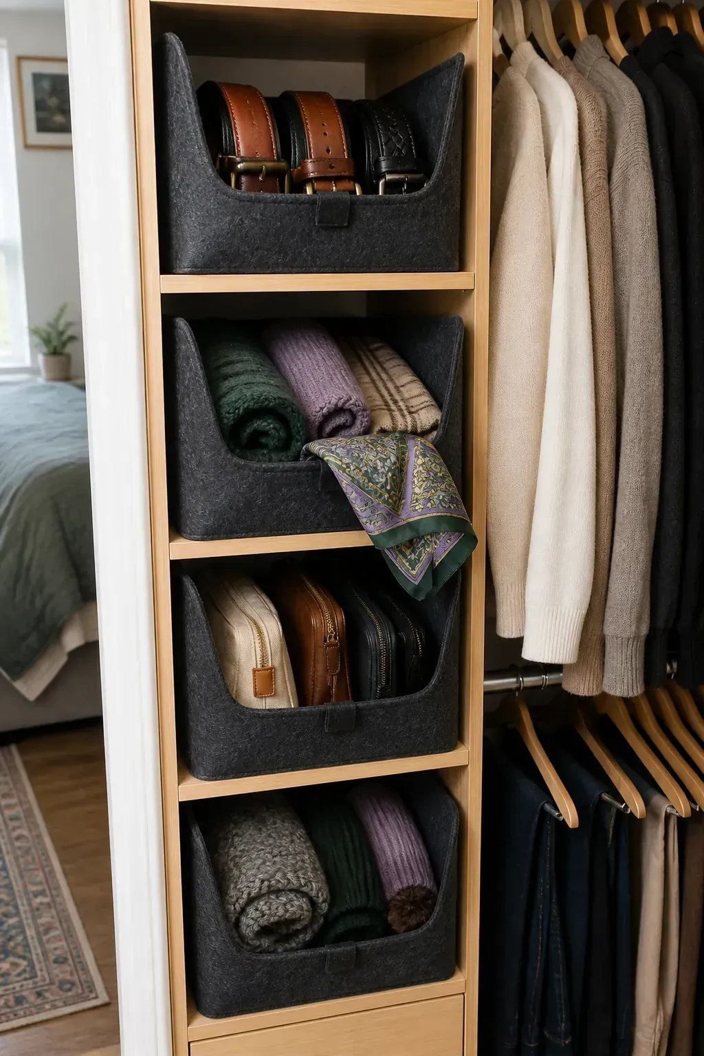 Open front closet bins organizing scarves belts and small bags