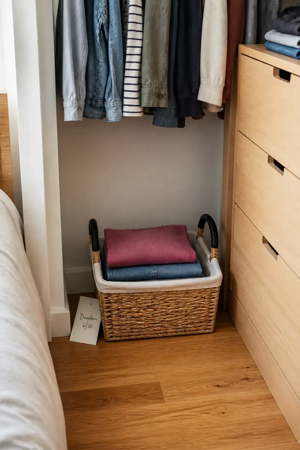 Small donation basket supporting a minimal wardrobe