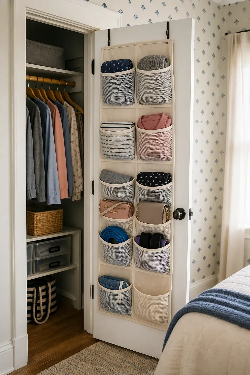 Lightweight wardrobe essentials organized in closet door pockets