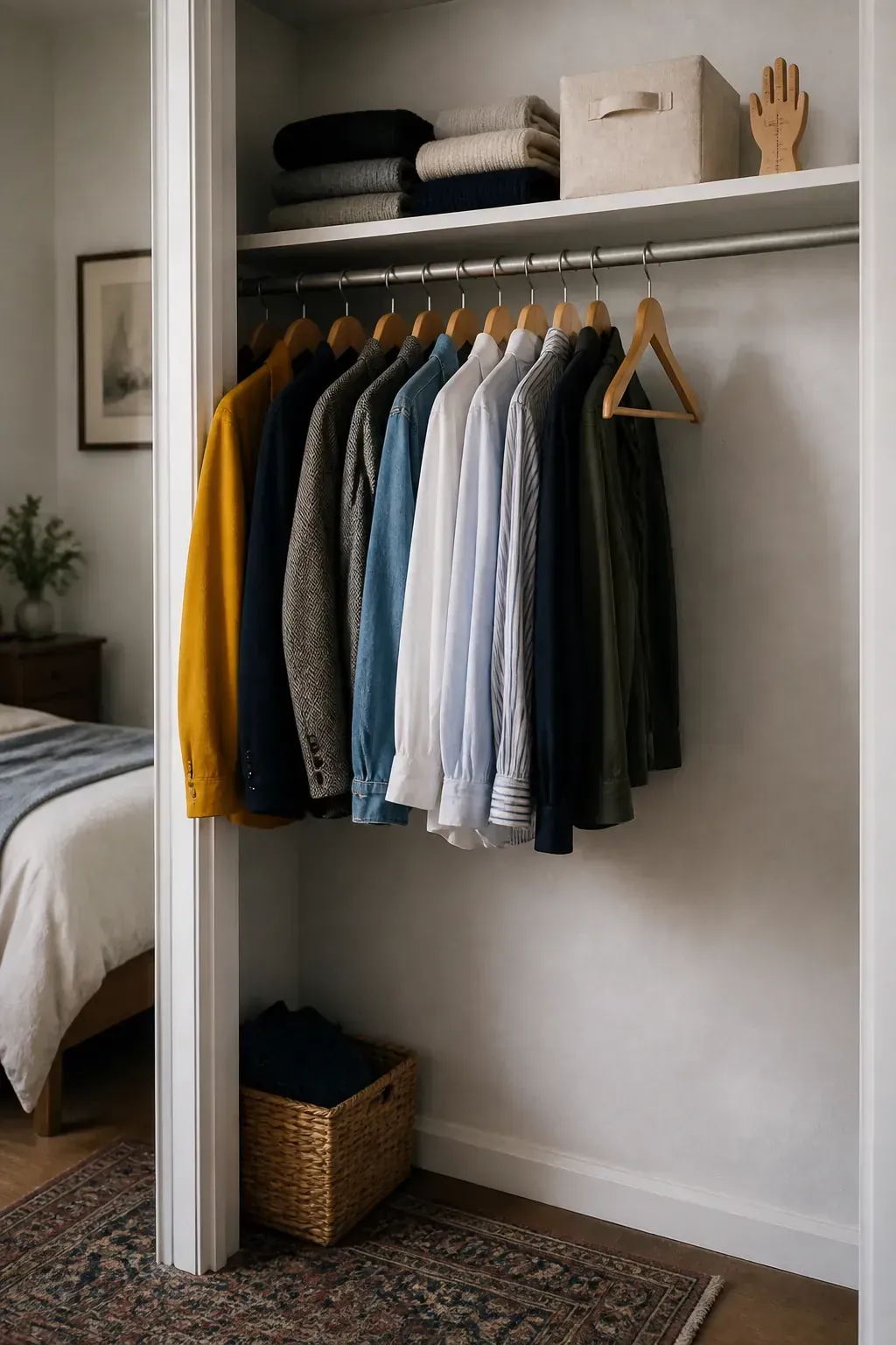 Intentional breathing room on an organized closet rail