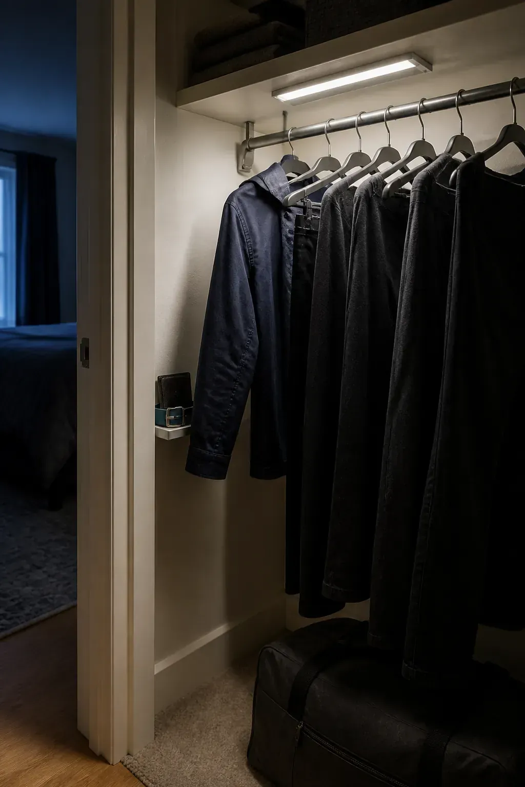 Rechargeable motion light illuminating a compact wardrobe
