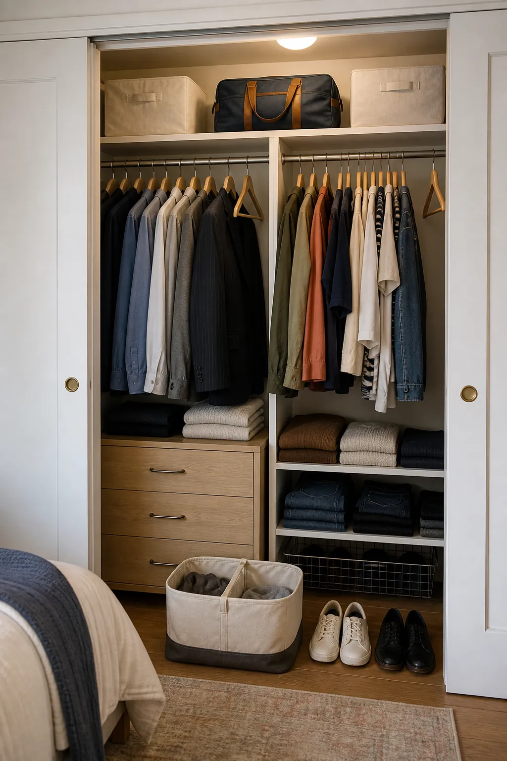 Peaceful and practical shared closet organized for two people