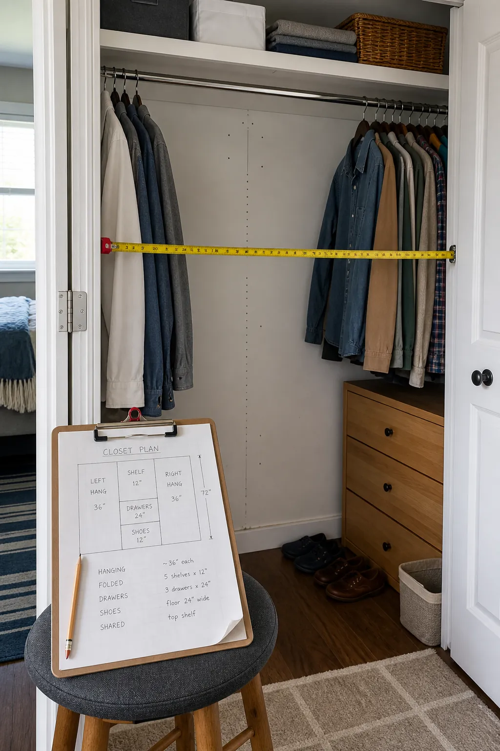 Measured shared closet ready for a fair storage plan