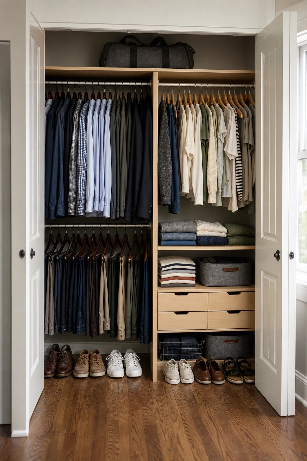 Couple closet divided into clear personal storage zones