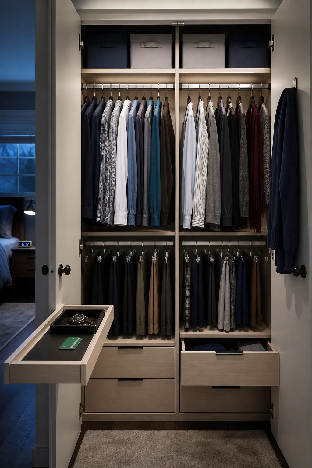 Everyday clothes placed in the prime reach area of a shared closet