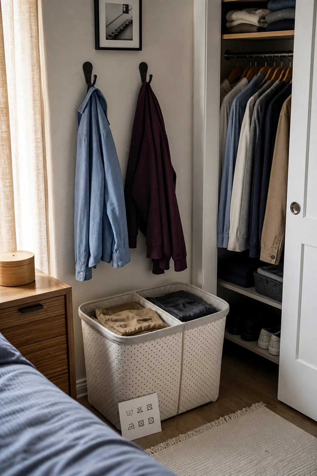 Divided worn once clothes zone beside a shared closet