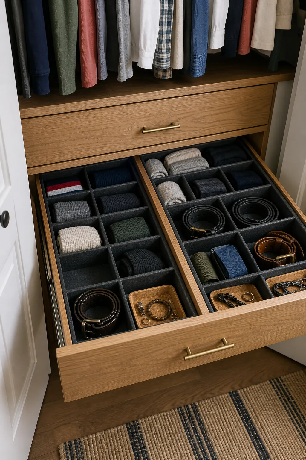 Personal drawer dividers organizing small items in a shared closet