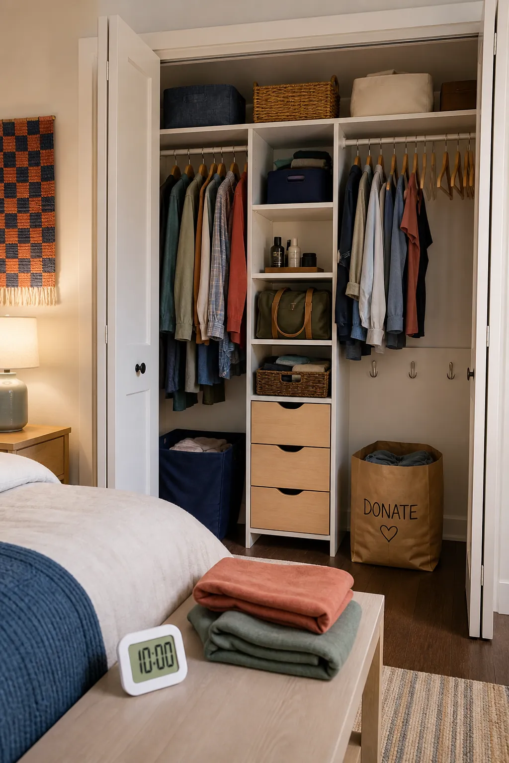 Organized shared closet after a simple weekly reset