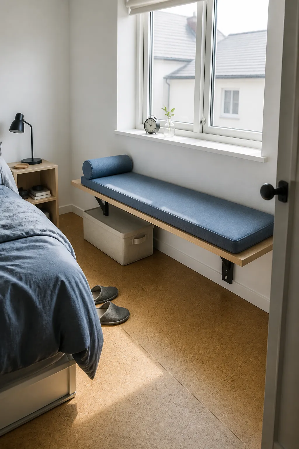 Floating window bench in a compact bedroom with open floor space below