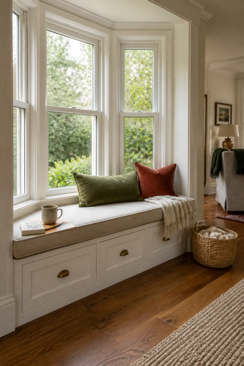 Inviting bay window seat with tailored cushions, drawers, and natural daylight