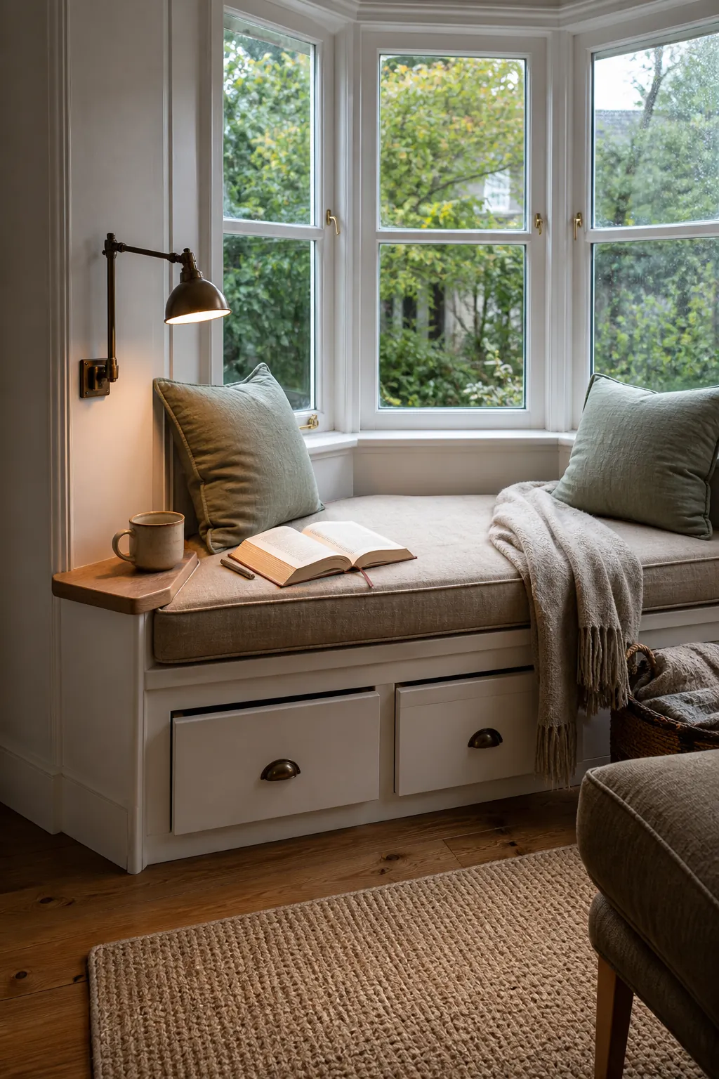 Deep bay window reading nook with fitted drawers and a comfortable cushion